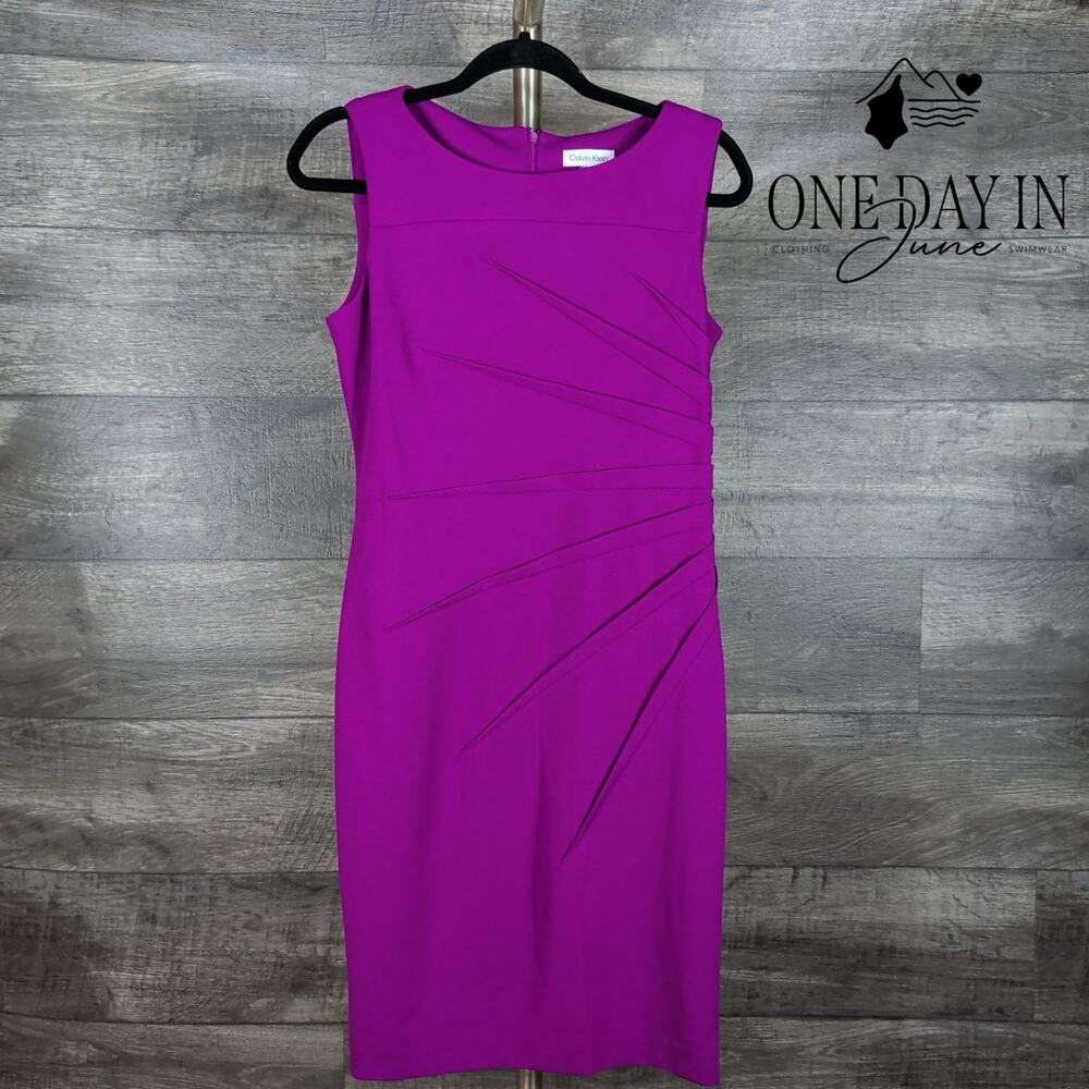 Calvin Klein Sunburst Ruched Sheath Dress Boysenberry Pink NWT Size 8